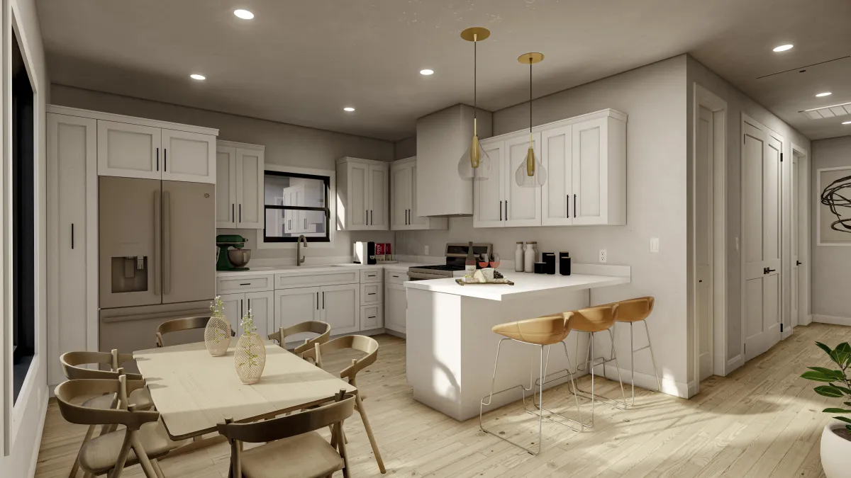 Open kitchen and dining area with white cabinetry
