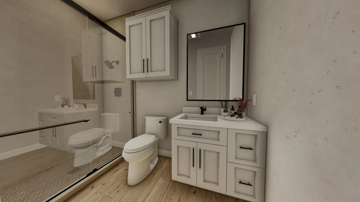 Modern bathroom with glass shower and white vanity