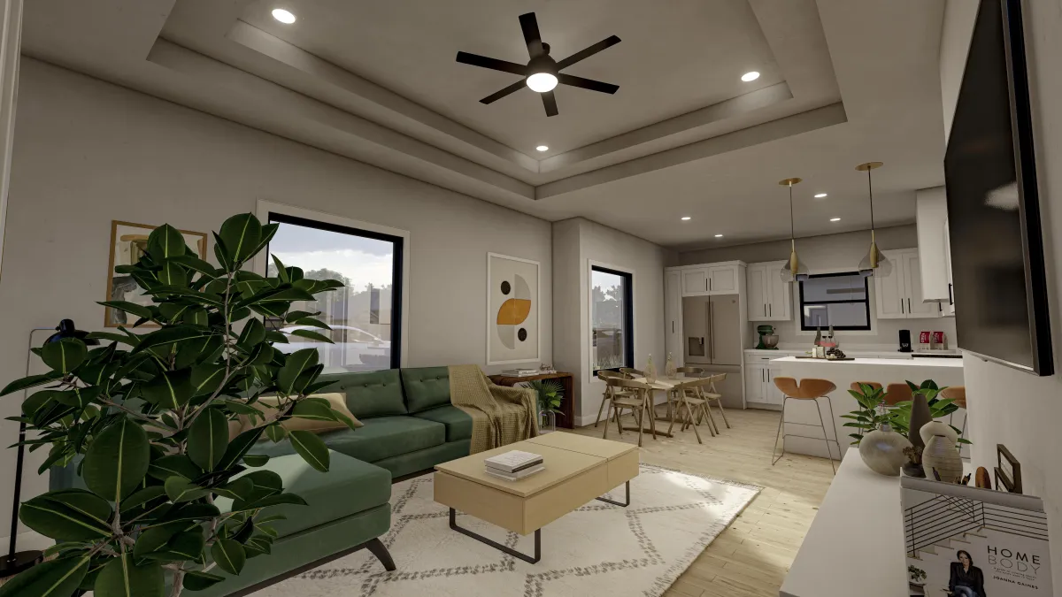 Open-concept living room, dining area, and kitchen