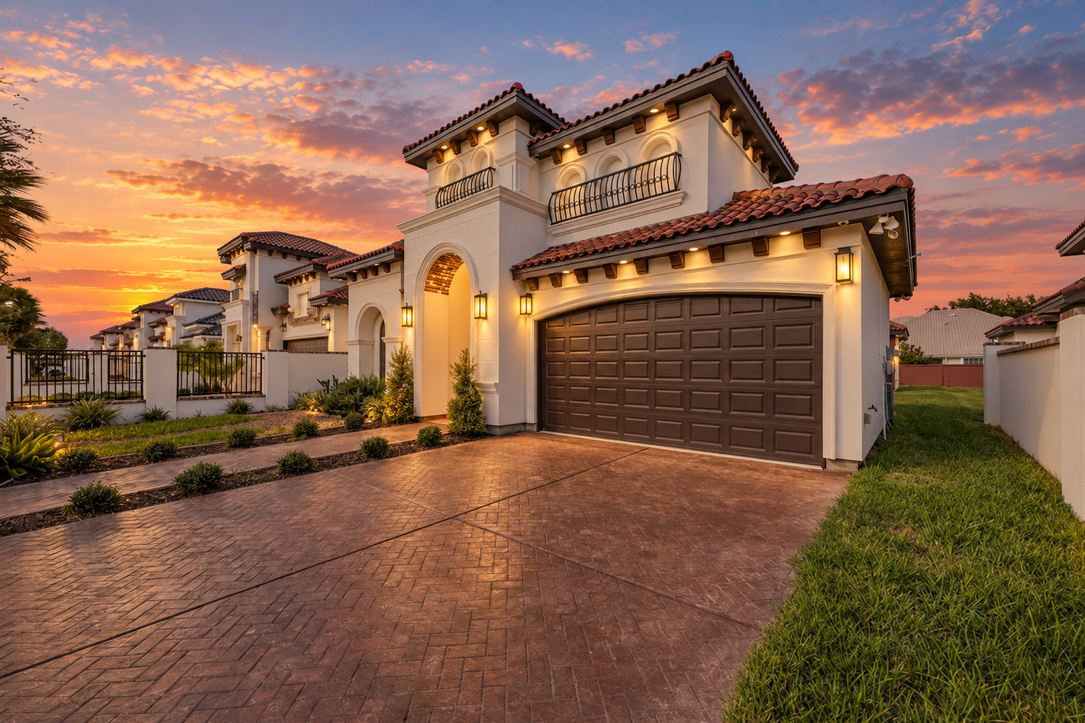 Custom home exterior with terracotta roof at sunset