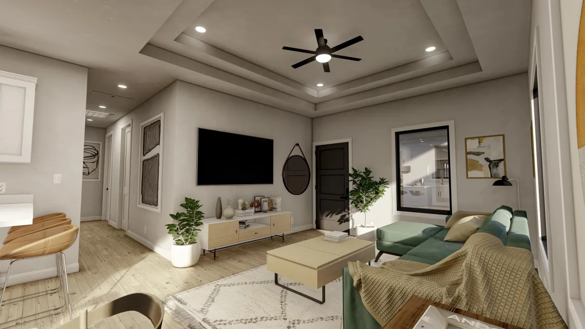 Crystal Landing living room with tray ceiling