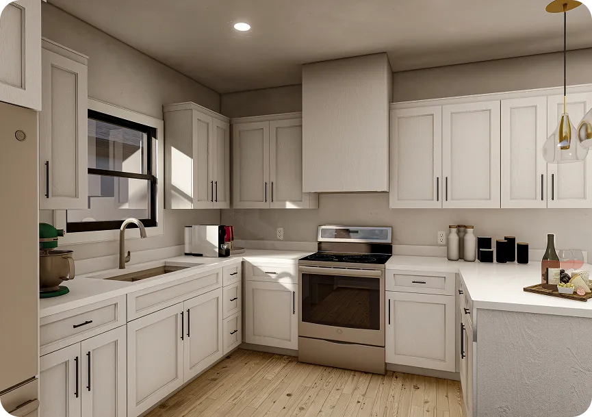 Modern kitchen with white cabinetry and included appliances